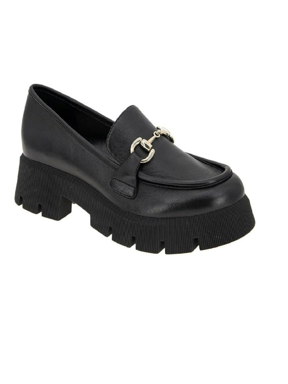 BCBGeneration Women's Raylin Black Chunky Platform Loafers with Gold Chain Detai